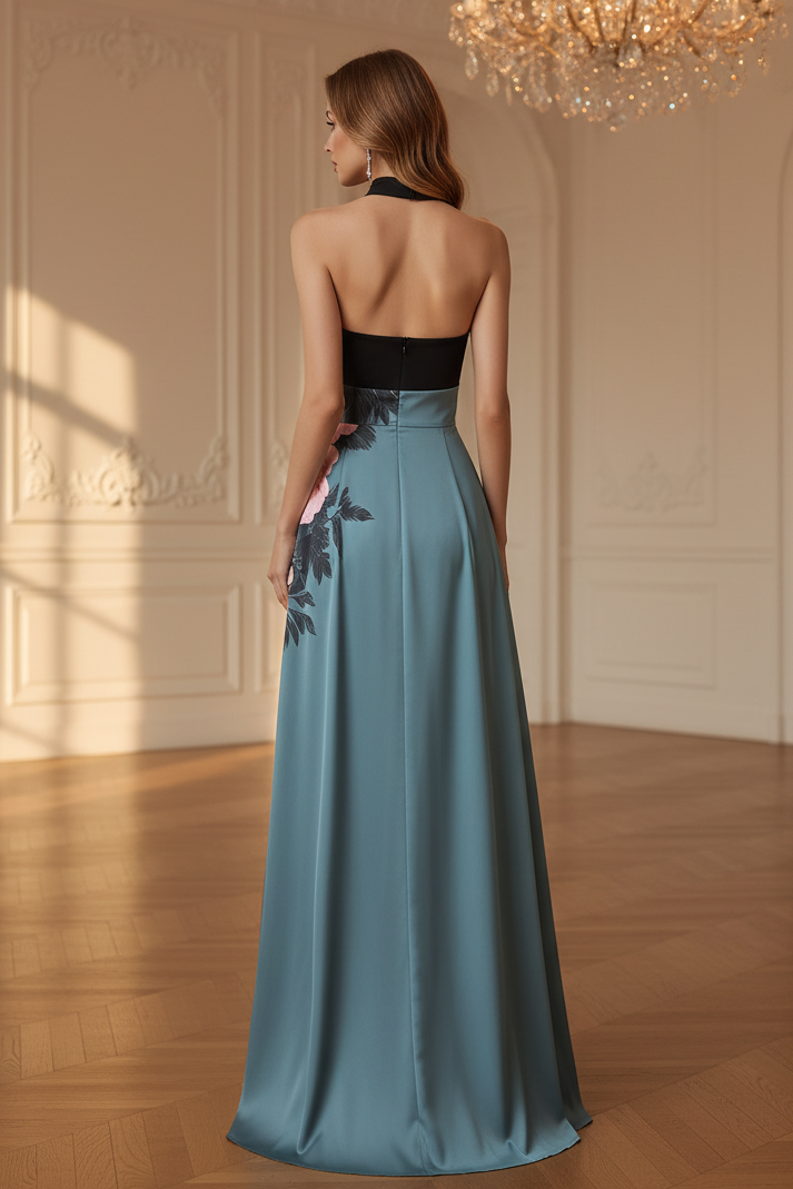 Halterneck Abendkleid in A-Linie mit Blumenmuster und Schlitz