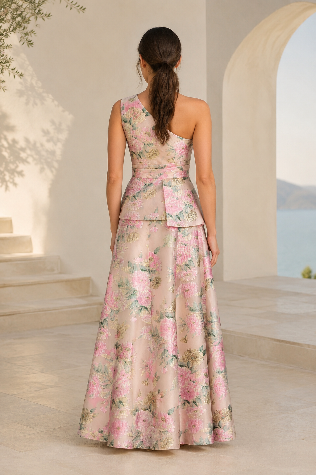 Ärmelloses Blumen-Jacquard-Kleid mit Schößchen