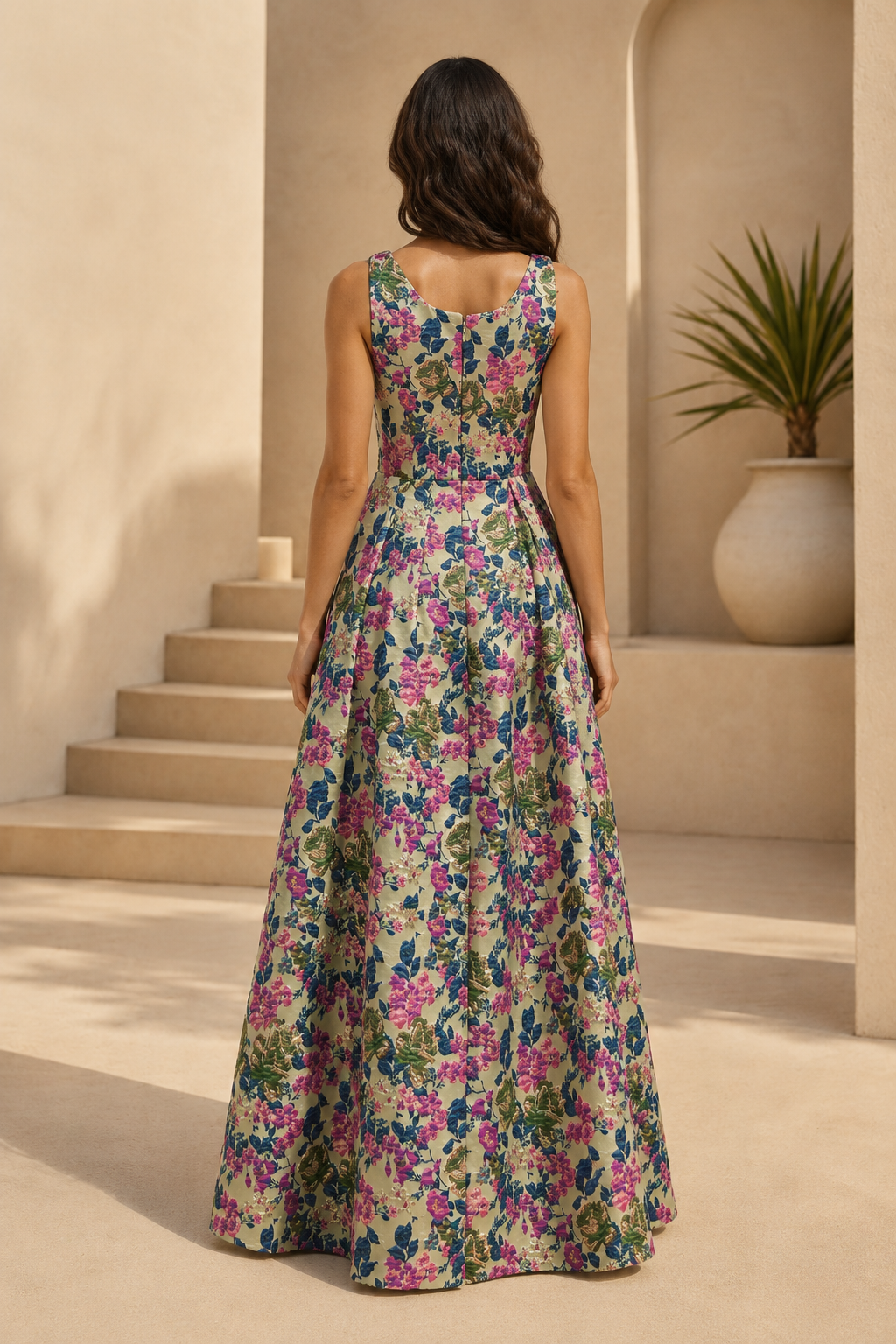 Florales Jacquard Maxikleid in A-Linie