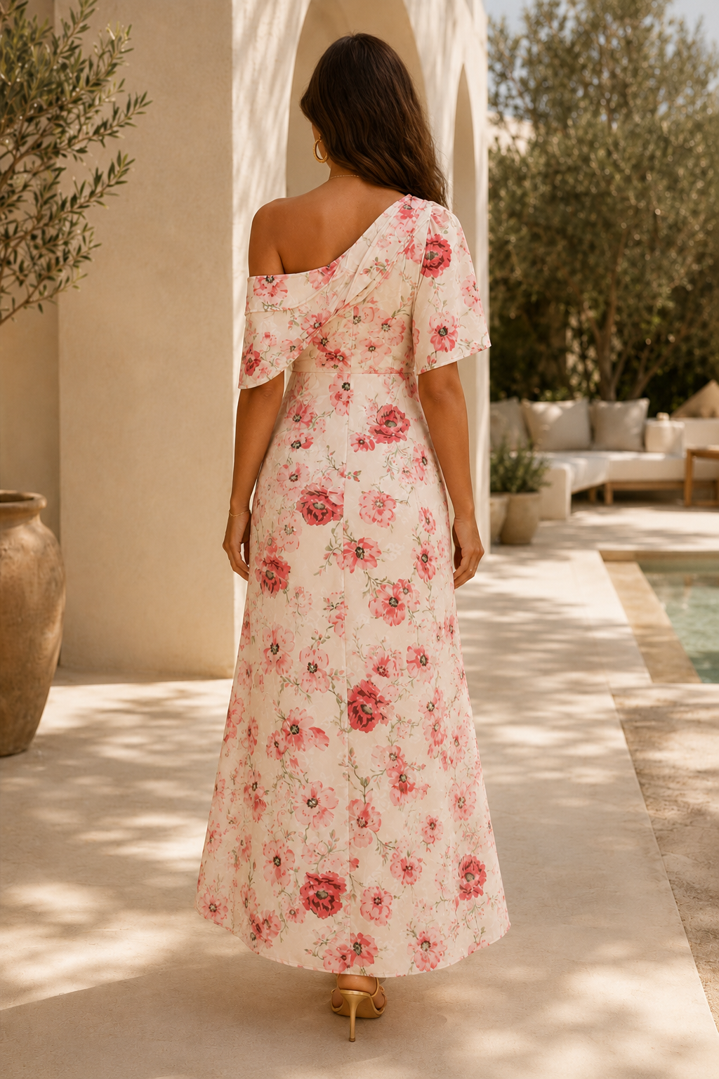 Asymmetrisches One-Shoulder Maxikleid mit Blumenmuster