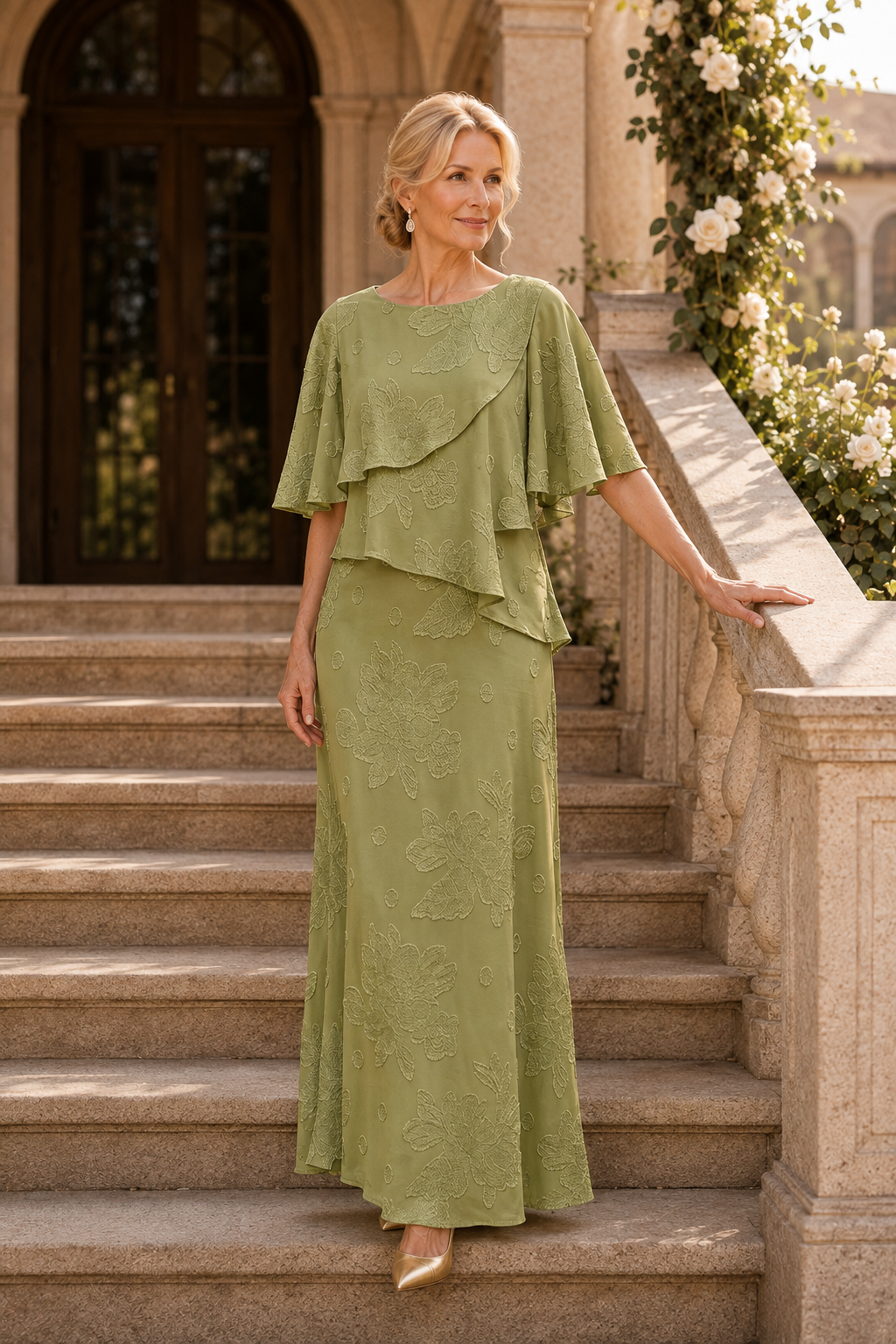 Geblümtes strukturiertes, gestuftes Capelet Maxikleid