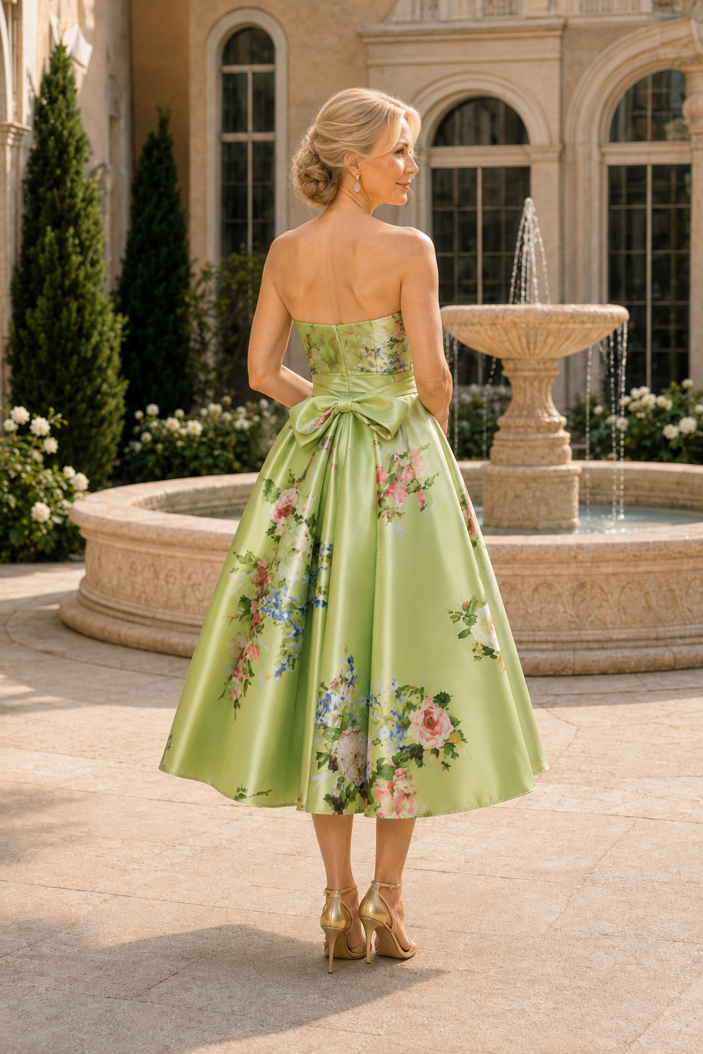Trägerloses geblümtes Satin-Midikleid