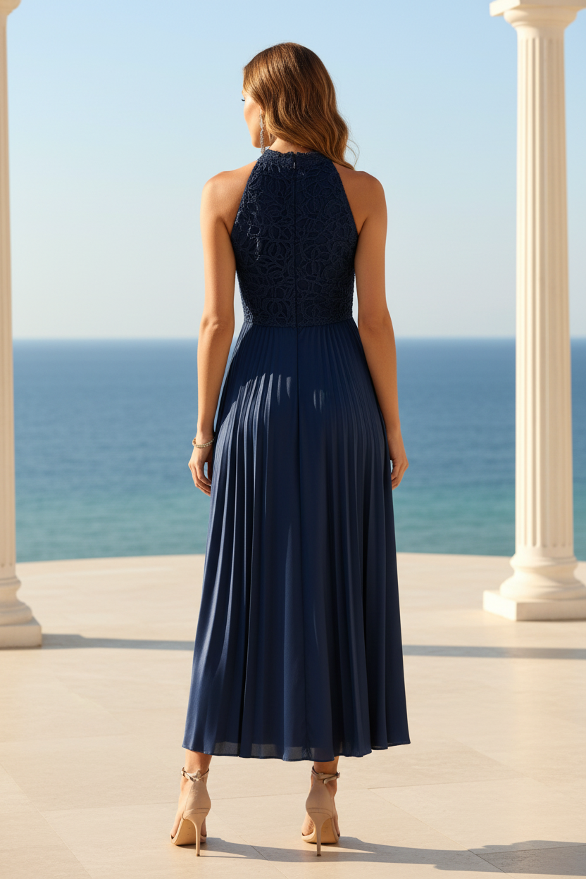 Spitzenoberteil Satiniertes Midi-Neckholderkleid