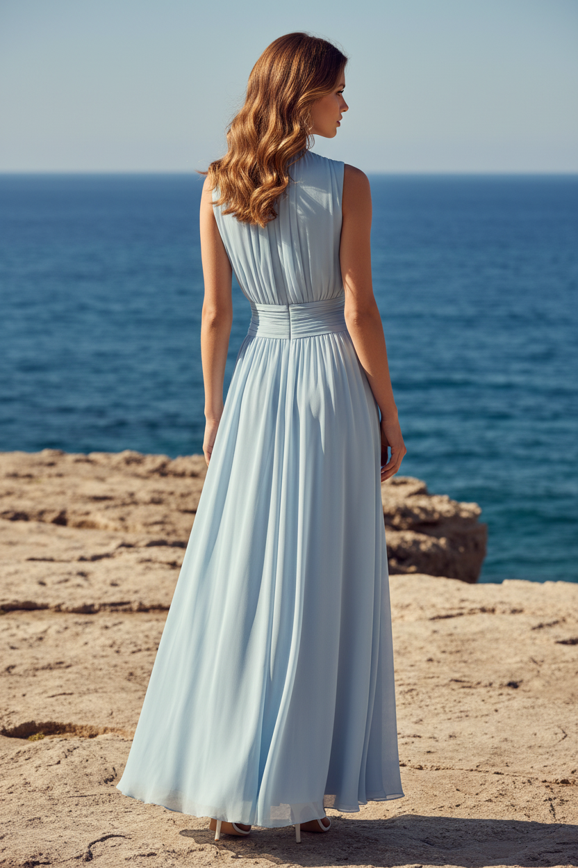Ärmelloses, plissiertes A-Linien-Kleid aus Chiffon