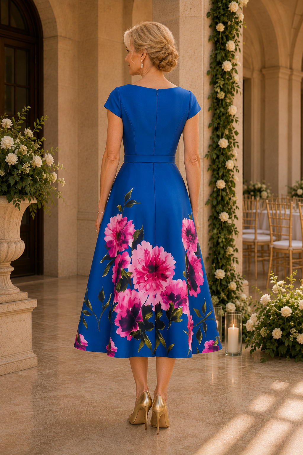 Geblümtes A-Linien-Kleid in Teelänge mit Gürtel