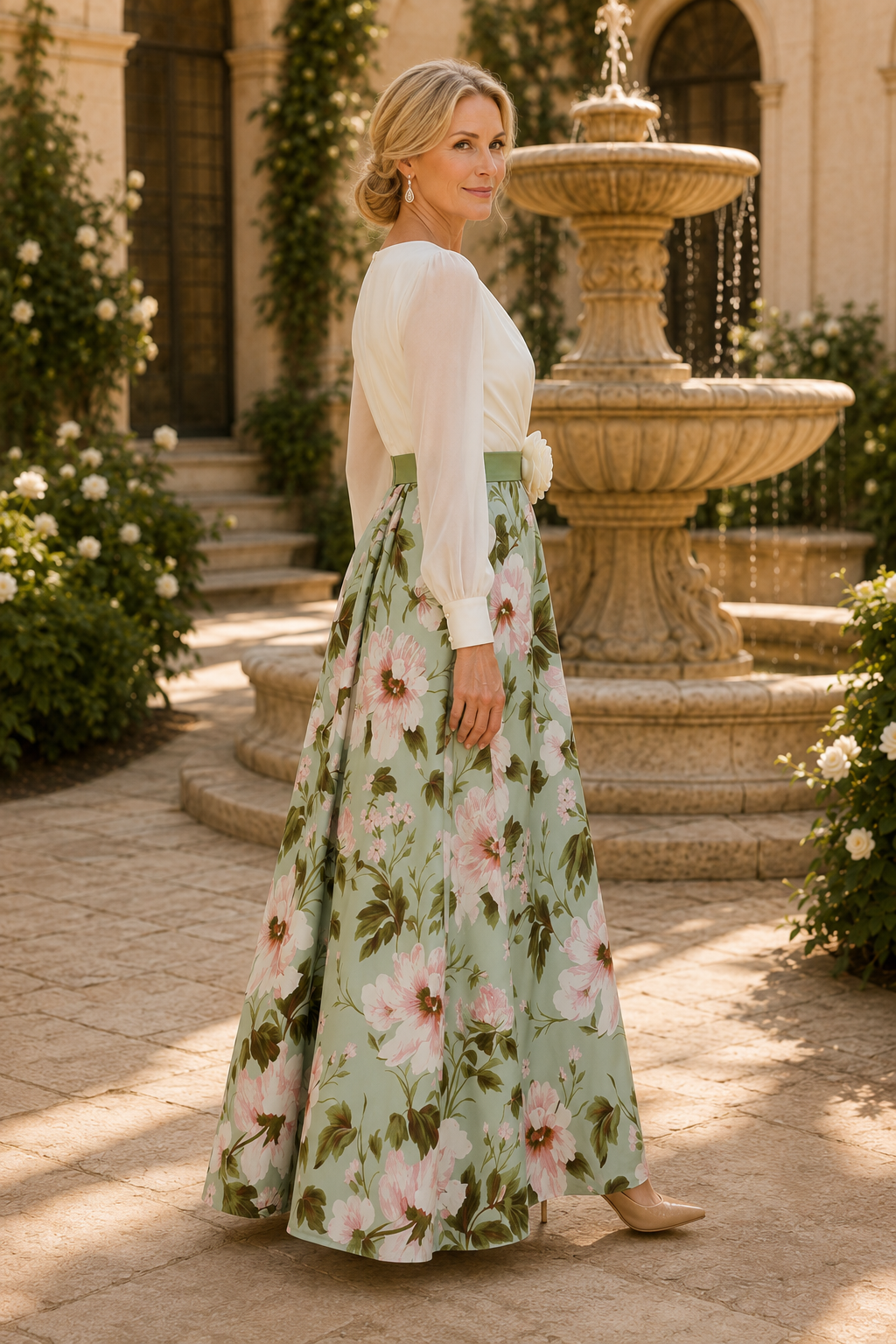 Geblümtes A-Linien-Maxikleid mit langen Ärmeln