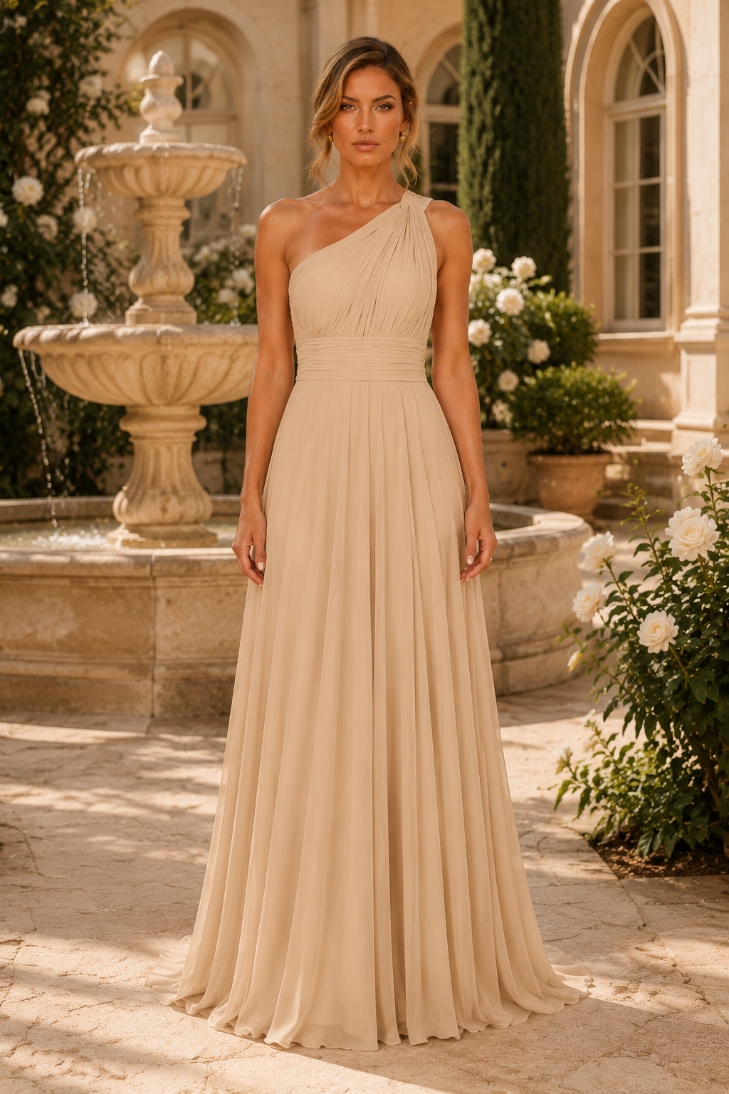 One-Shoulder Plissiertes Chiffon Maxikleid