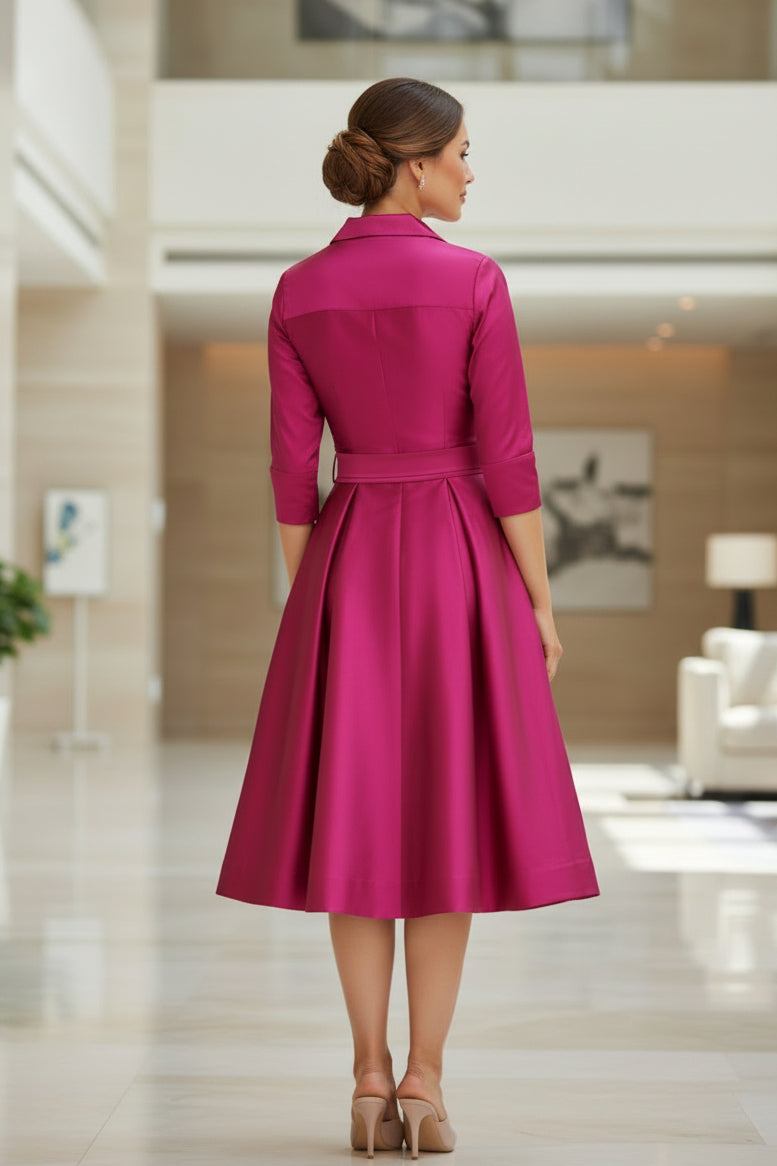 Satinhemdkleid mit Schleifengürtel und Tellerrock