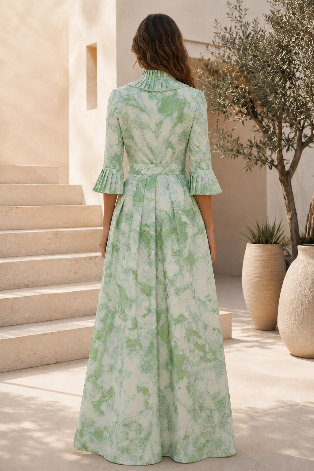 Plissiertes Rüschen Maxikleid in A-Linie mit Taschen