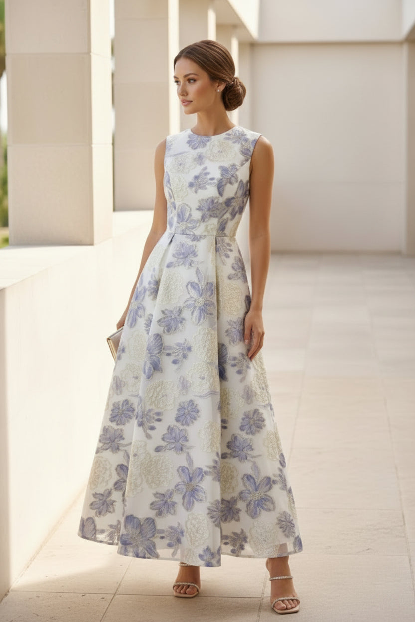 Blumen-Jacquard-Kleid ohne Ärmel in A-Linie, Teelänge