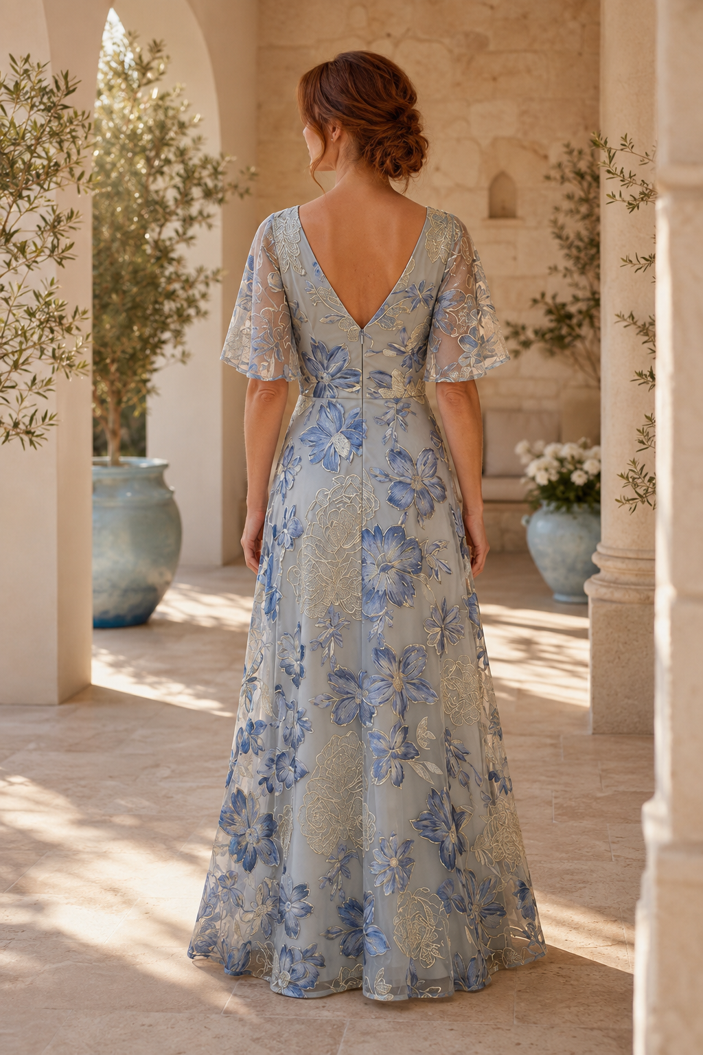 Blumenbesticktes A-Linien-Kleid mit V-Ausschnitt und Flügelausschnitt