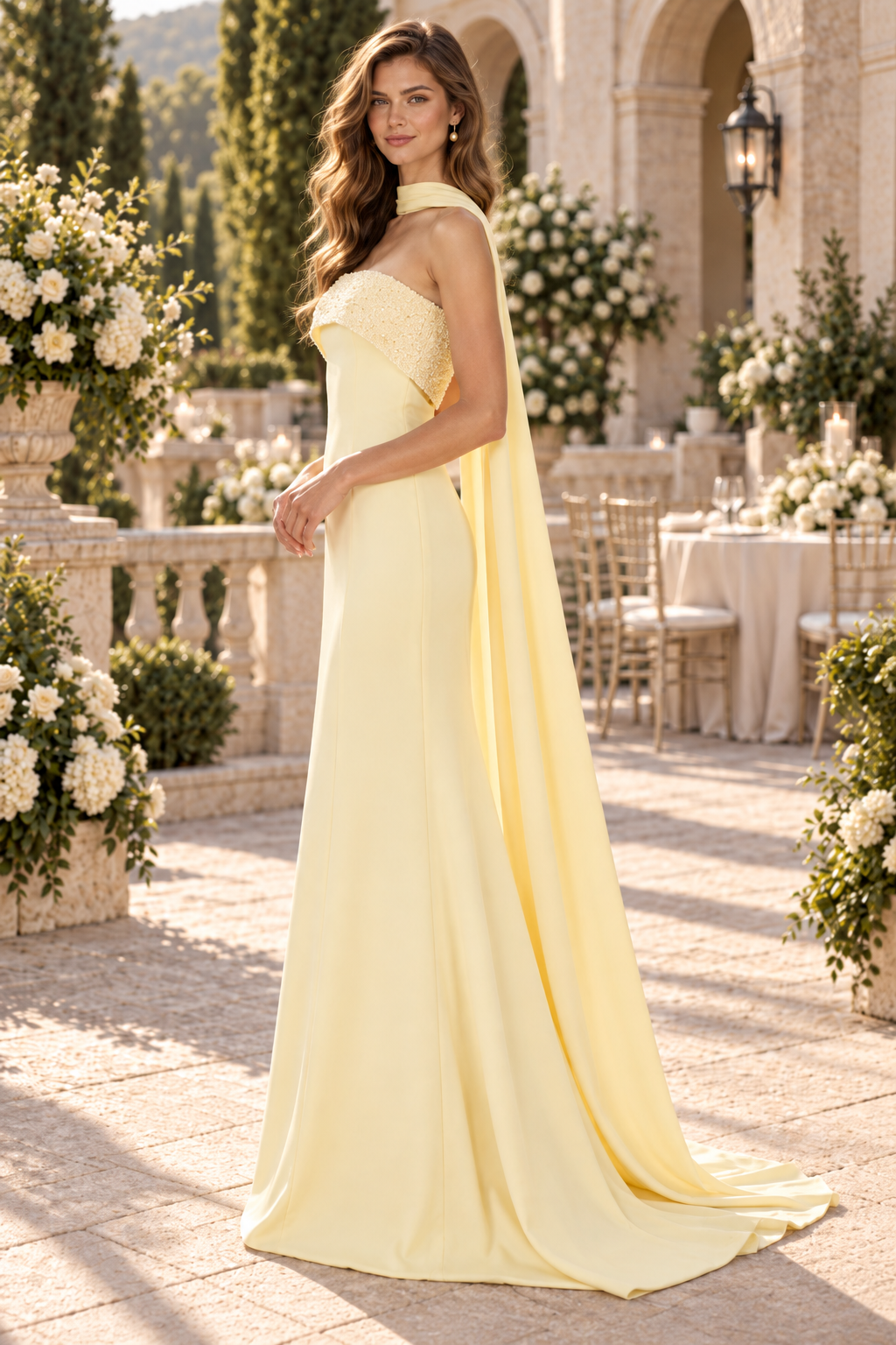 Strapless Beaded Bodice Gown with Cape Drape