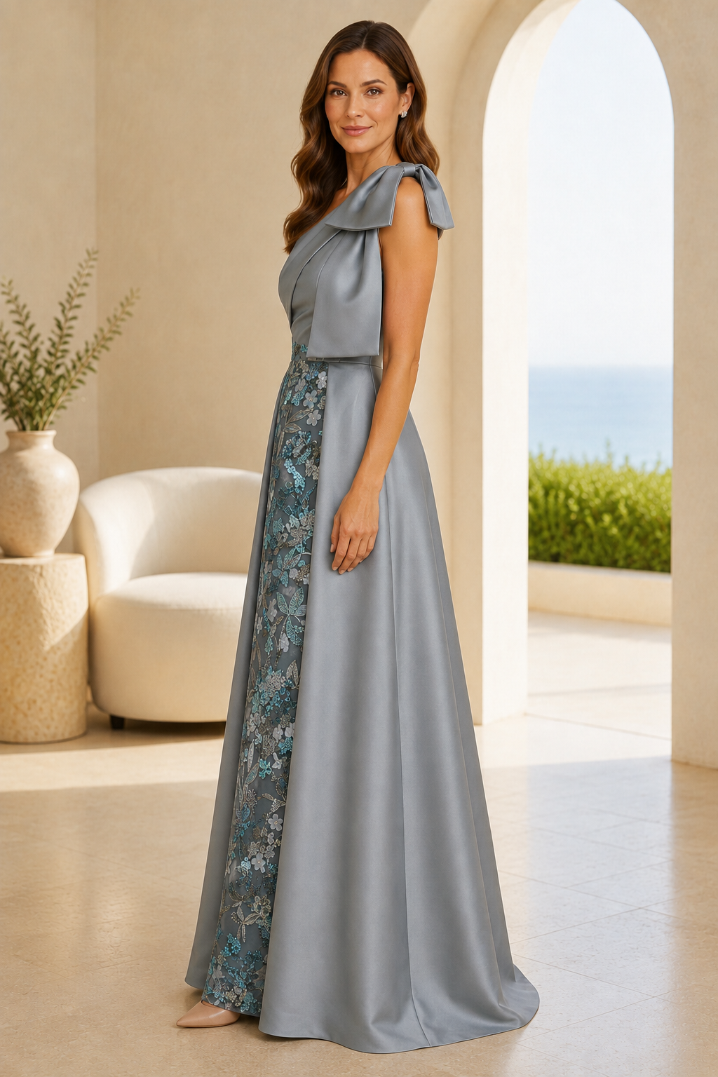 Satin-Abendkleid mit einer Schulter, Blumenpanel und Schleife