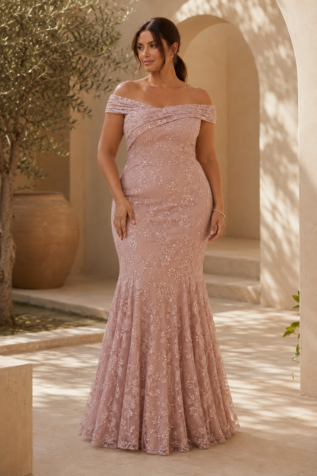 Schulterfreies Meerjungfrauen-Abendkleid aus Spitze