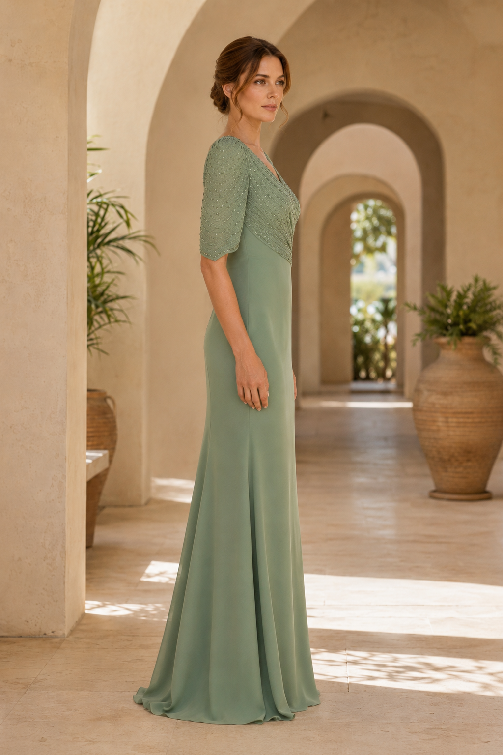 Perlenbesetztes, asymmetrisches bodenlanges Abendkleid