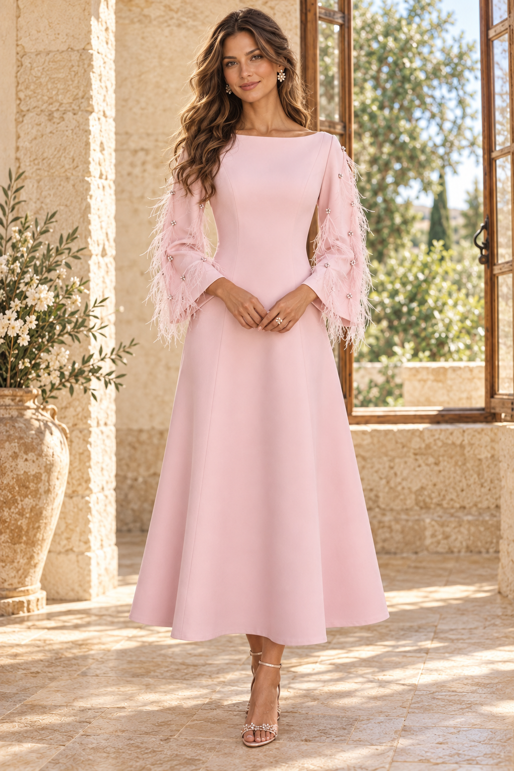 Feather Sleeve Bateau A-Line Midi Dress