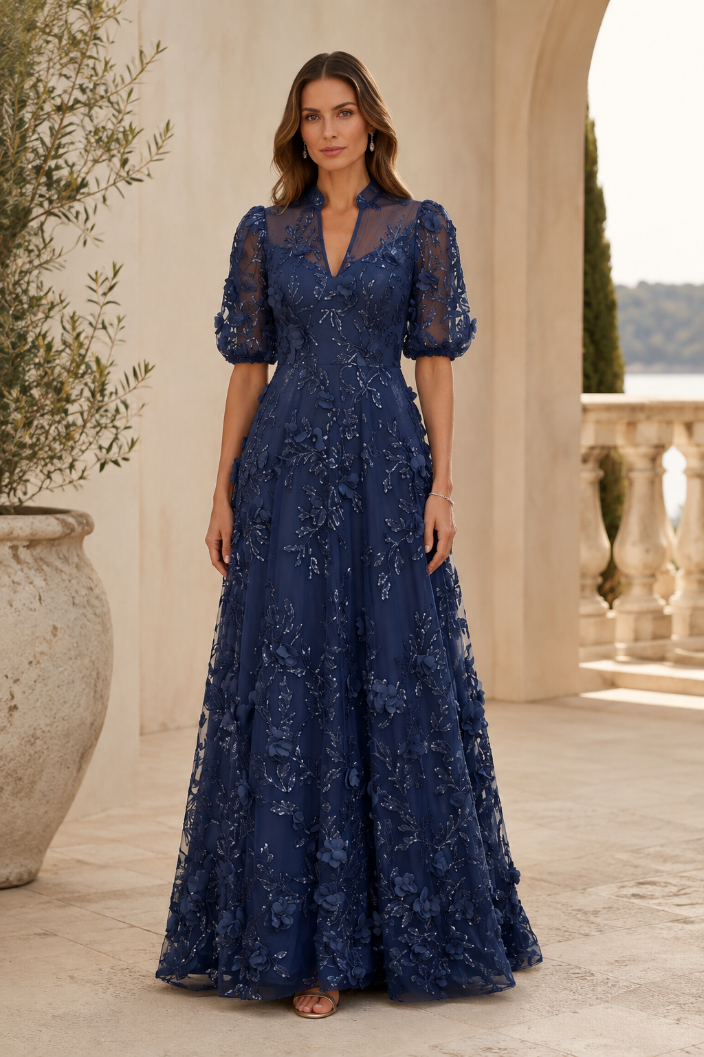 Florales 3D-Applikations-Illusion-A-Linien-Abendkleid