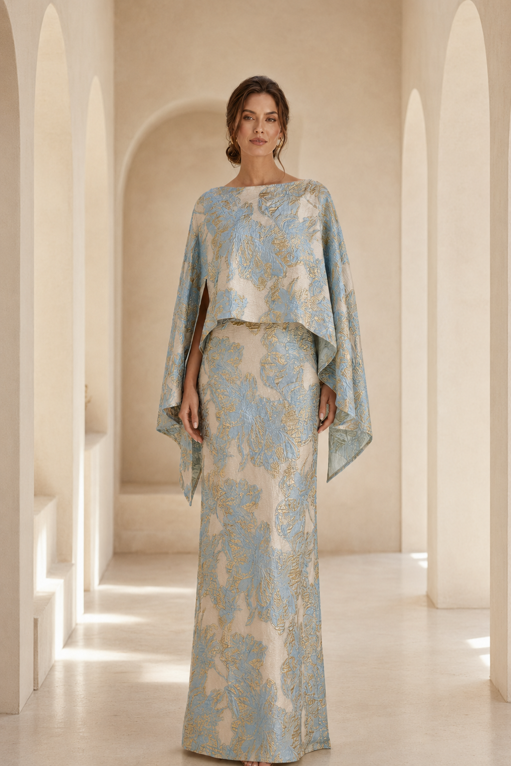 Jacquard-Cape-Maxi-Abendkleid