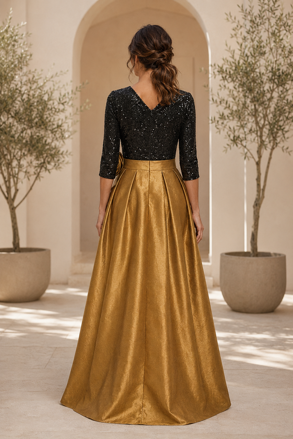 Pailletten-A-Linien-Kleid mit 3/4-Ärmeln und Rosette