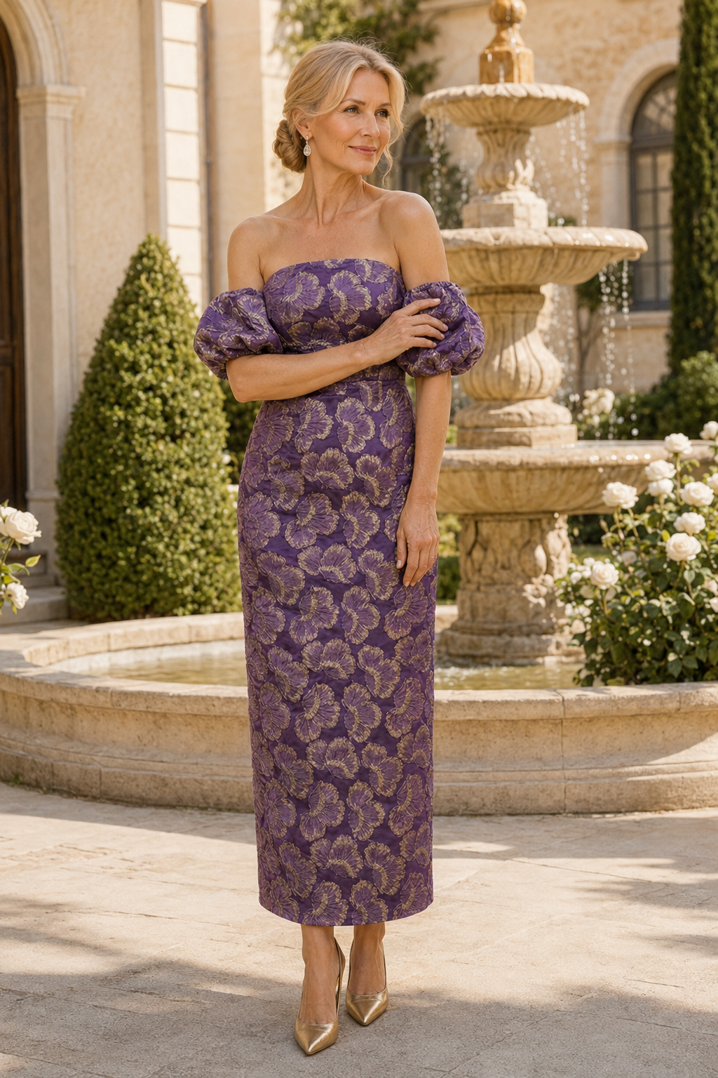 Off-Shoulder-Jacquard-Säulenkleid mit Puffärmeln