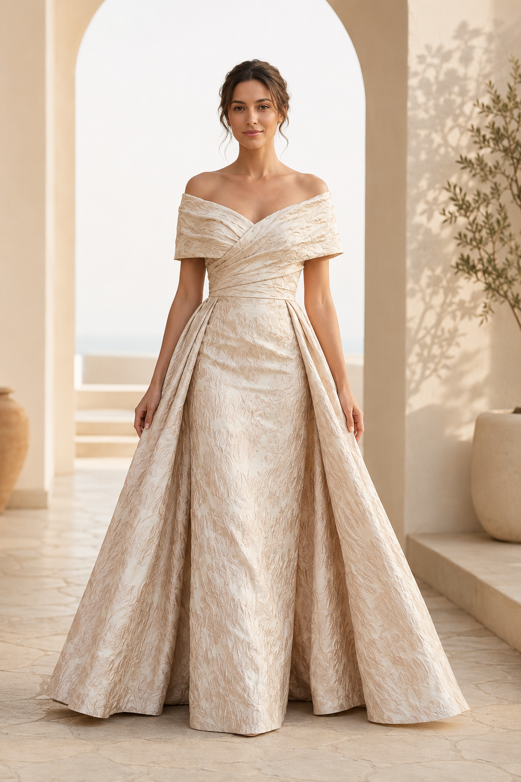 Off-Shoulder Jacquard A-Linien-Kleid mit plissiertem Oberteil