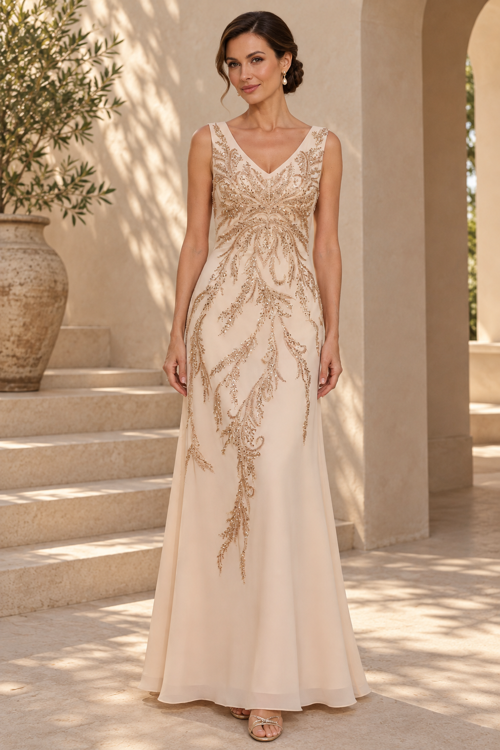 Sleeveless V-Neck Sequin Embellished A-Line Gown
