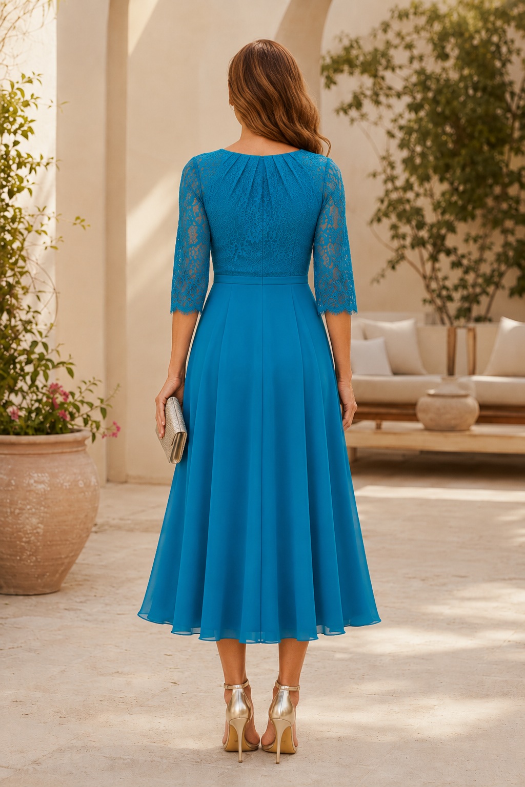 A-Linien-Kleid aus Spitze und Chiffon (Midi)