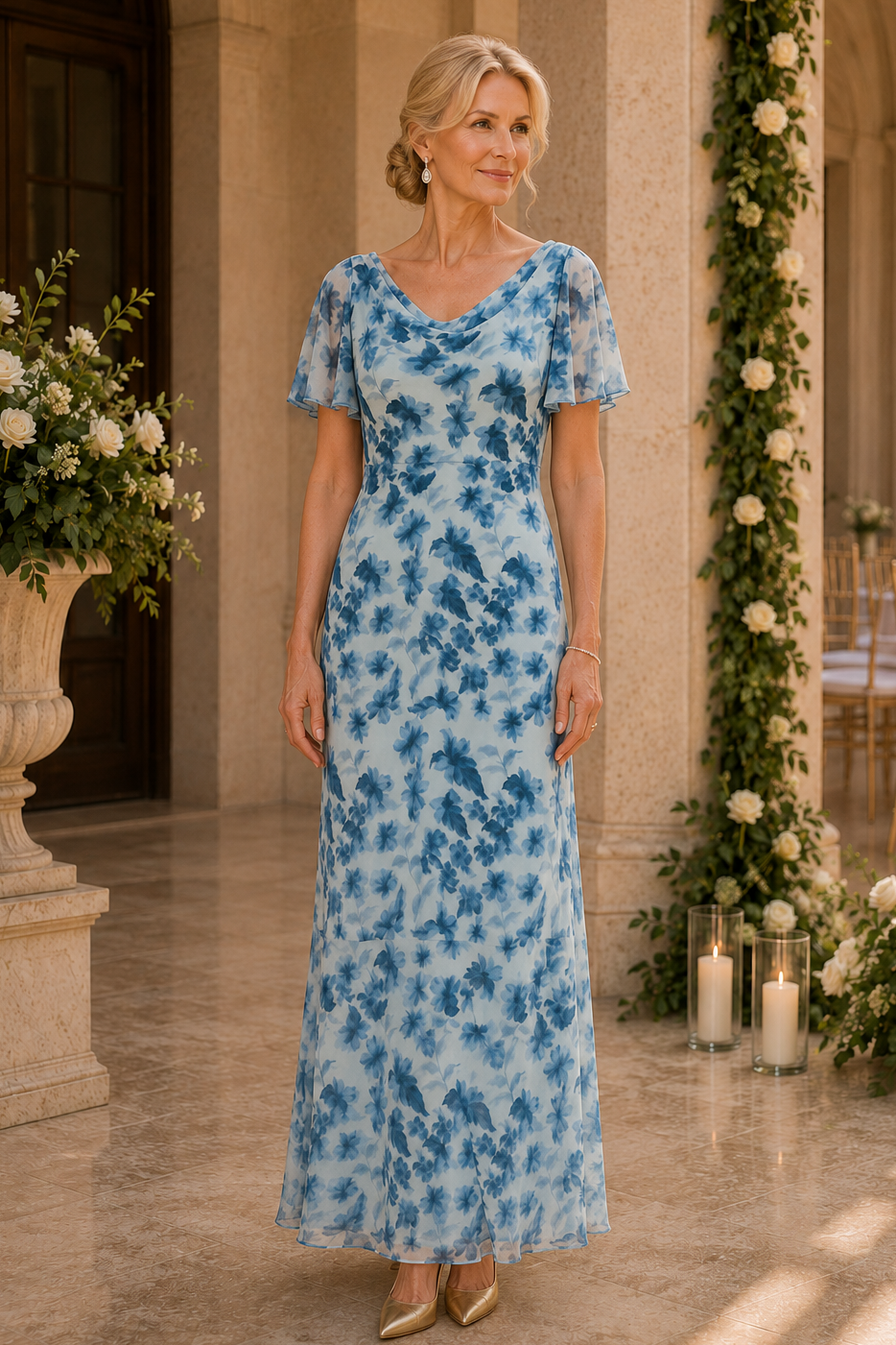 Maxikleid mit Blumenmuster, Wasserfallausschnitt und flatternden Ärmeln