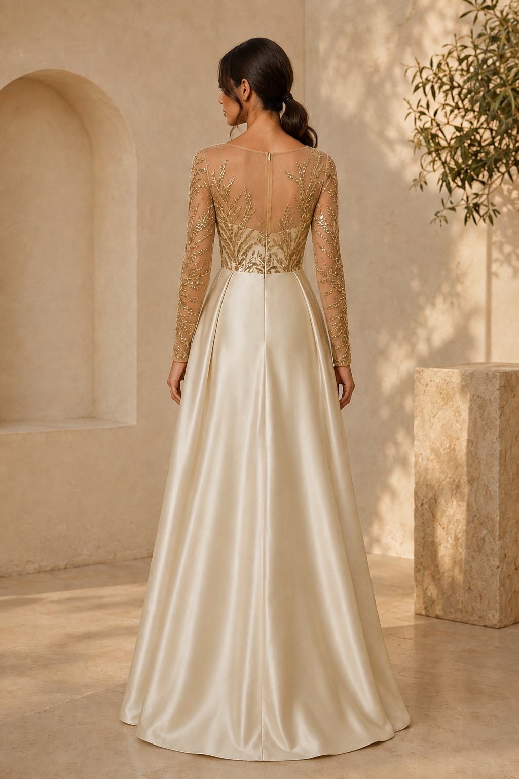 Paillettenbesetztes, langärmliges A-Linien-Abendkleid mit Illusionsausschnitt
