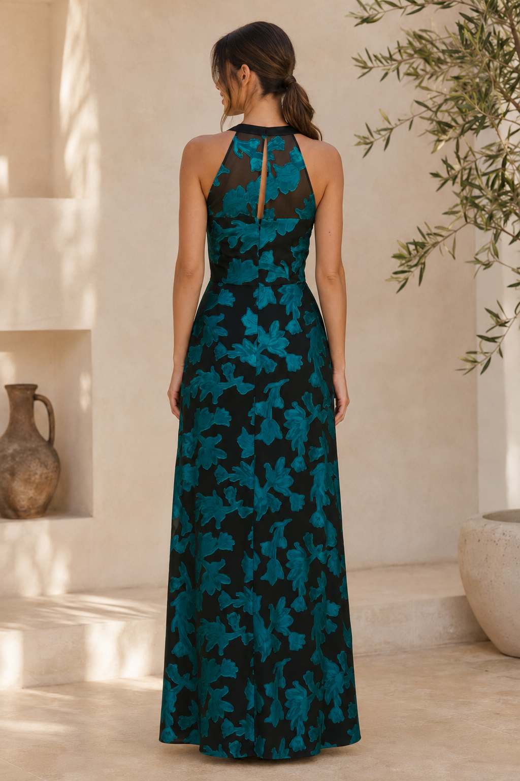 Geblümtes Jacquard-Neckholderkleid mit Illusionsrücken