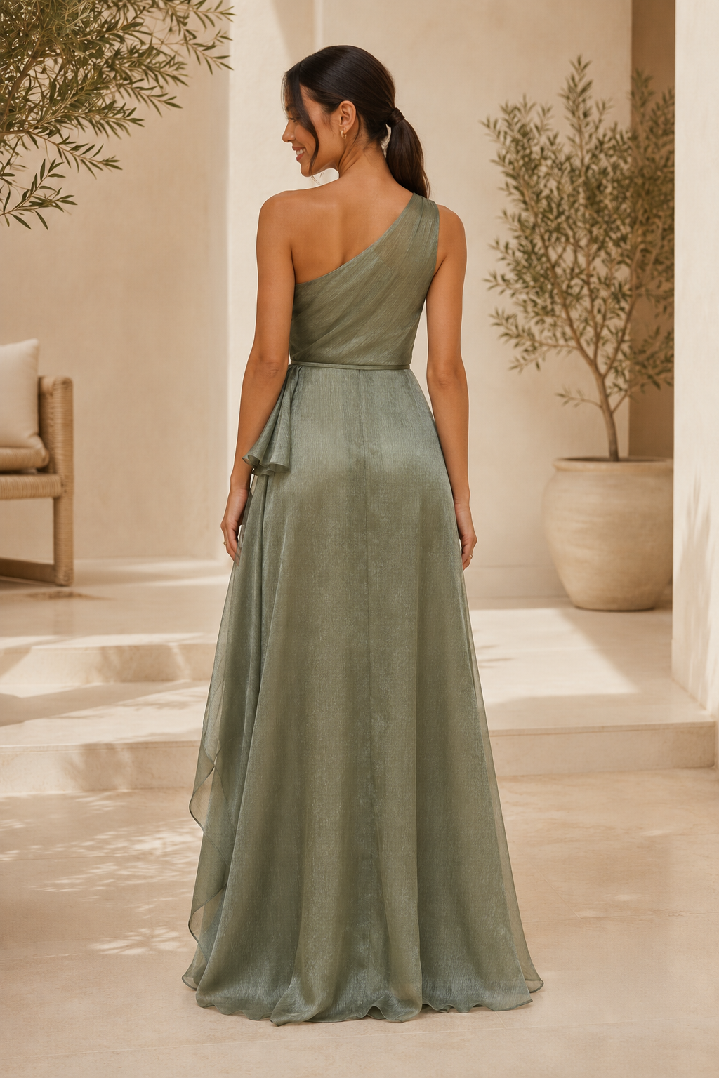 One-Shoulder-Abendkleid in A-Linie mit Faltenrock