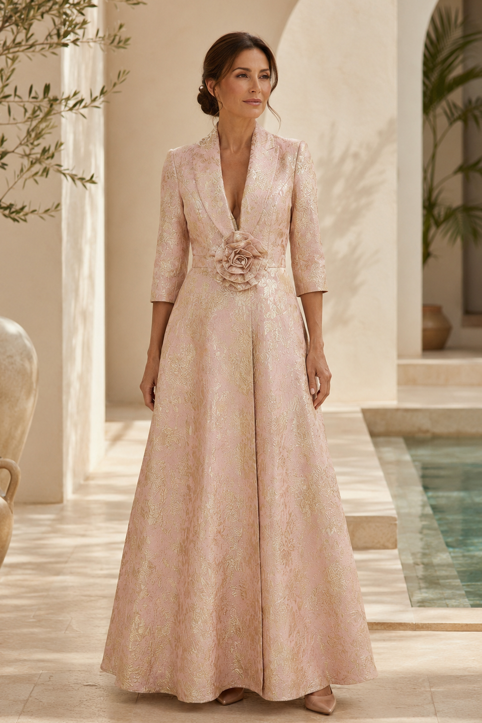 Elegantes A-Linien-Abendkleid aus metallischem Jacquard