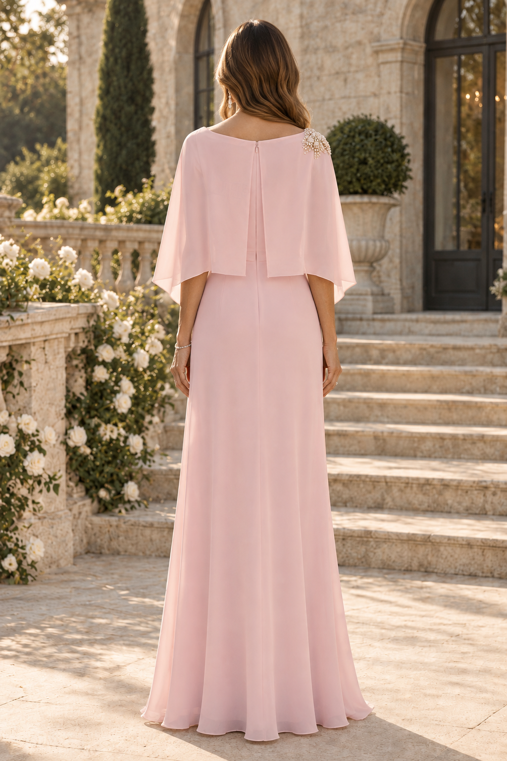 Chiffon Capelet Formal Gown with Beaded Brooch