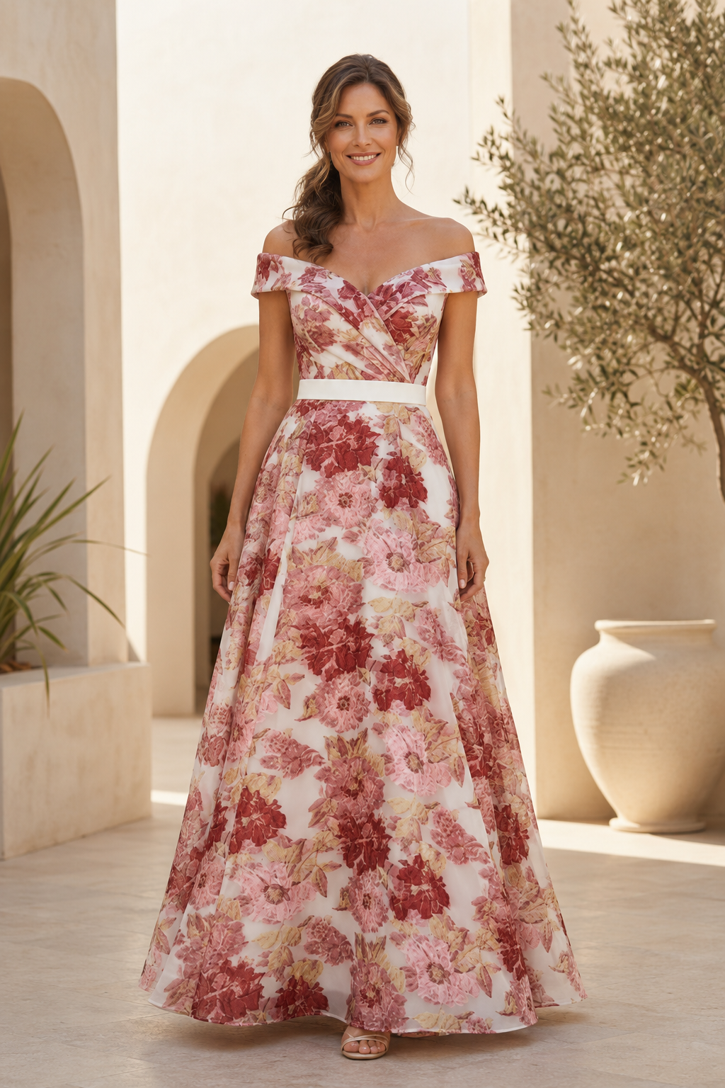 Geblümtes Off-Shoulder A-Linien Abendkleid