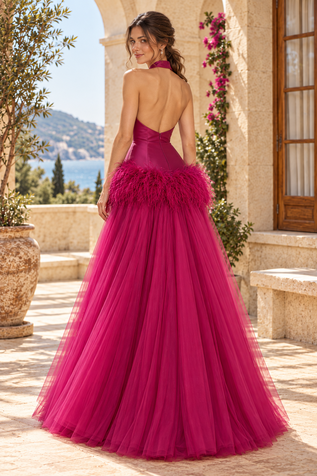 Halter Feather Trim Tulle Ball Gown