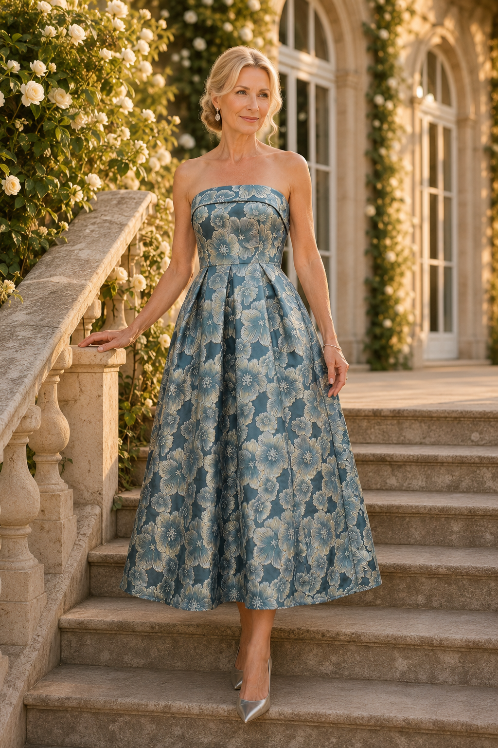 Trägerloses A-Linien-Kleid in Teelänge aus geblümtem Jacquard