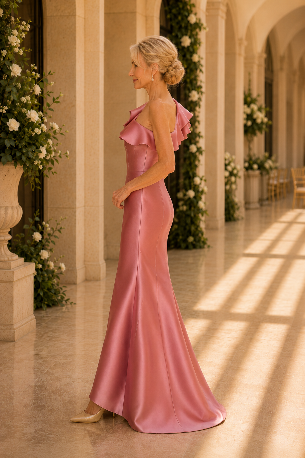 Asymmetrische geraffte Meerjungfrauen-Abendrobe aus Satin