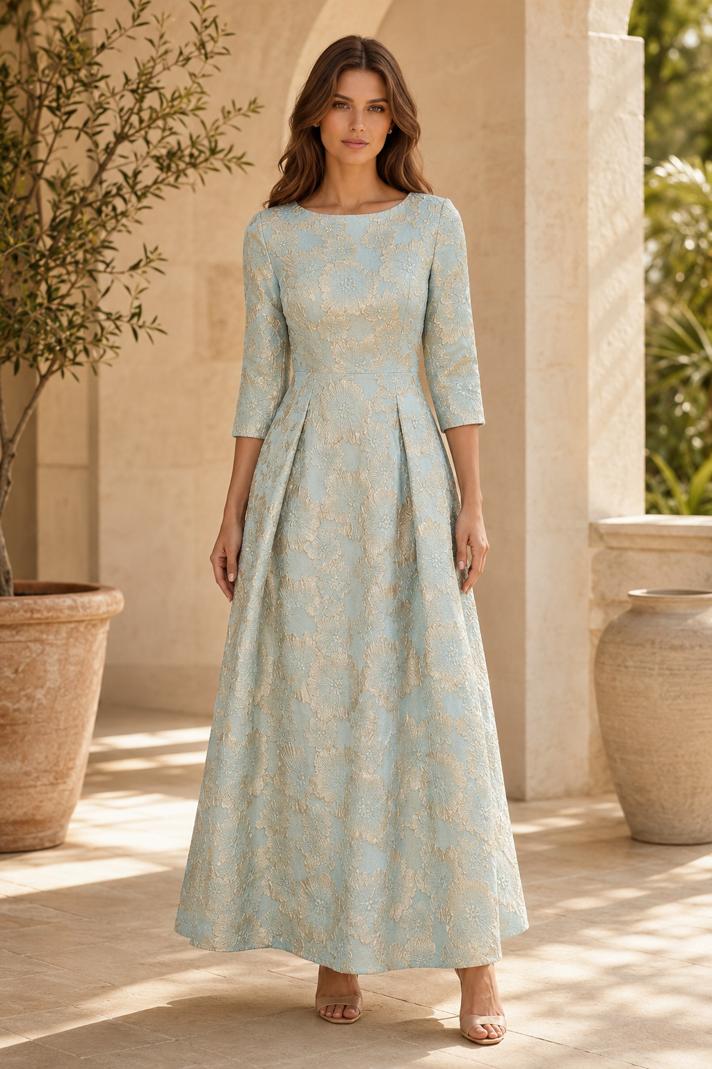 Bateau-Ausschnitt 3/4-Arm Brokat A-Linien Maxikleid