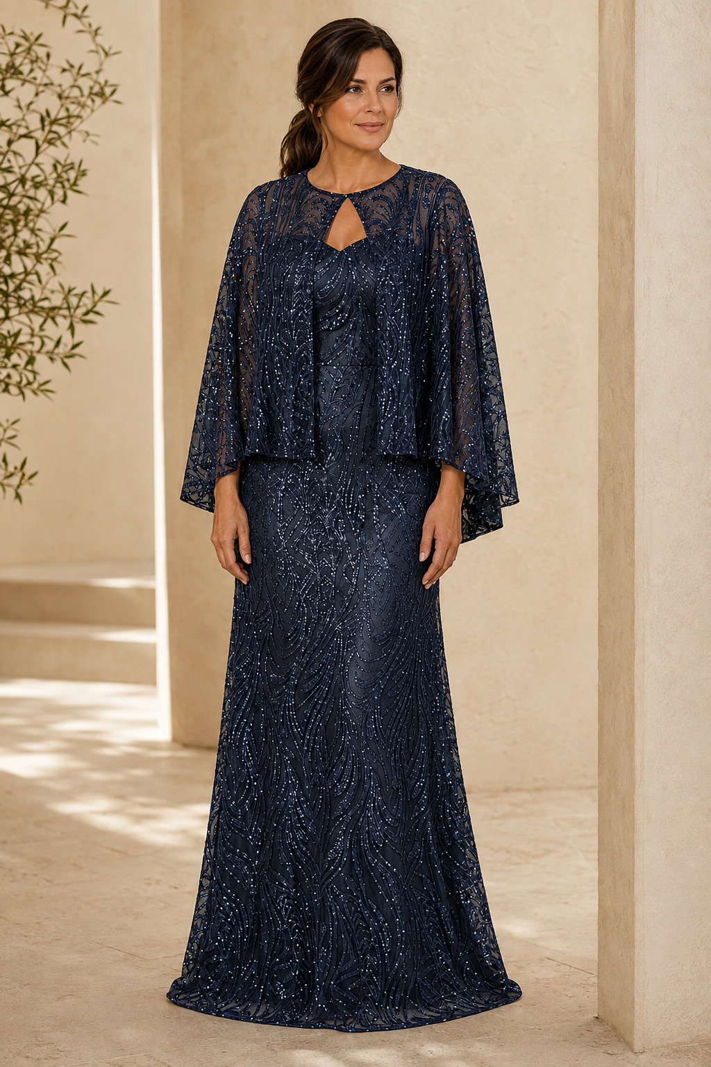 Pailletten-Cape-Overlay bodenlanges Abendkleid