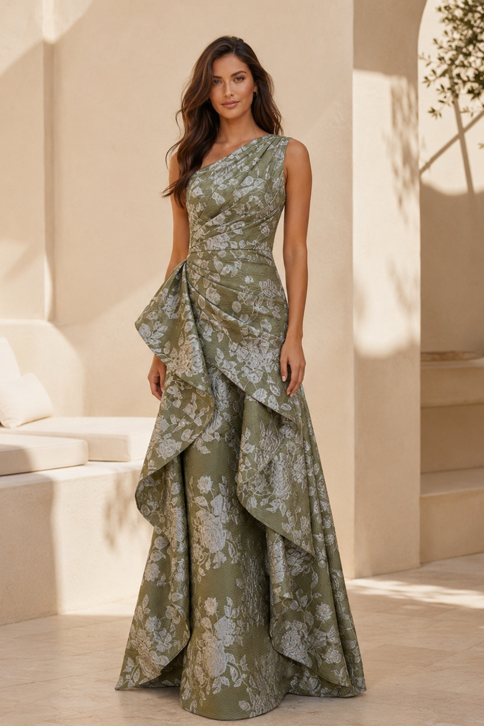 Asymmetrisches Abendkleid mit Blumen-Jacquard und Rüschen