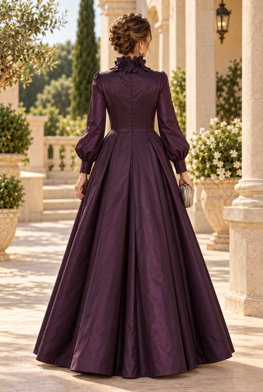 High Neck A-Line Gown with Floral Collar & Bow