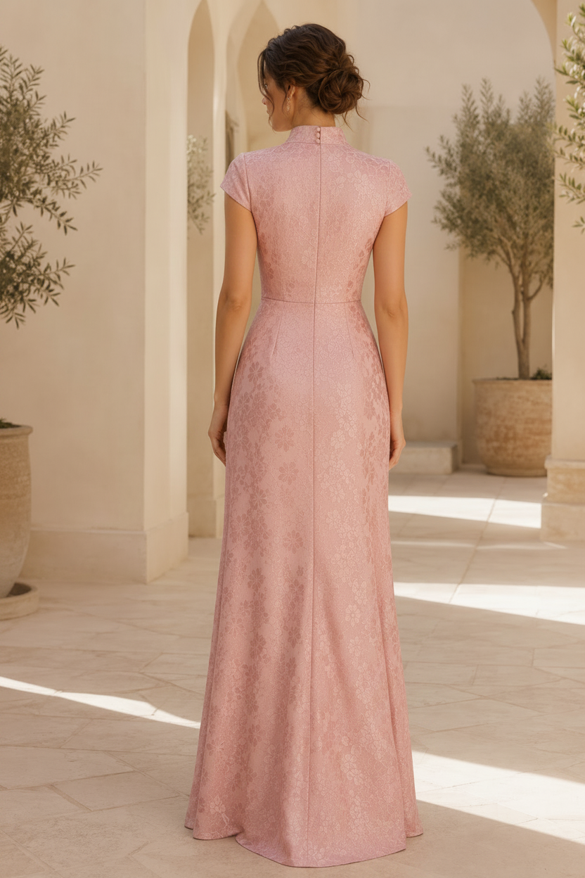 Abendkleid mit Blumen-Jacquard und Mandarin-Kragen