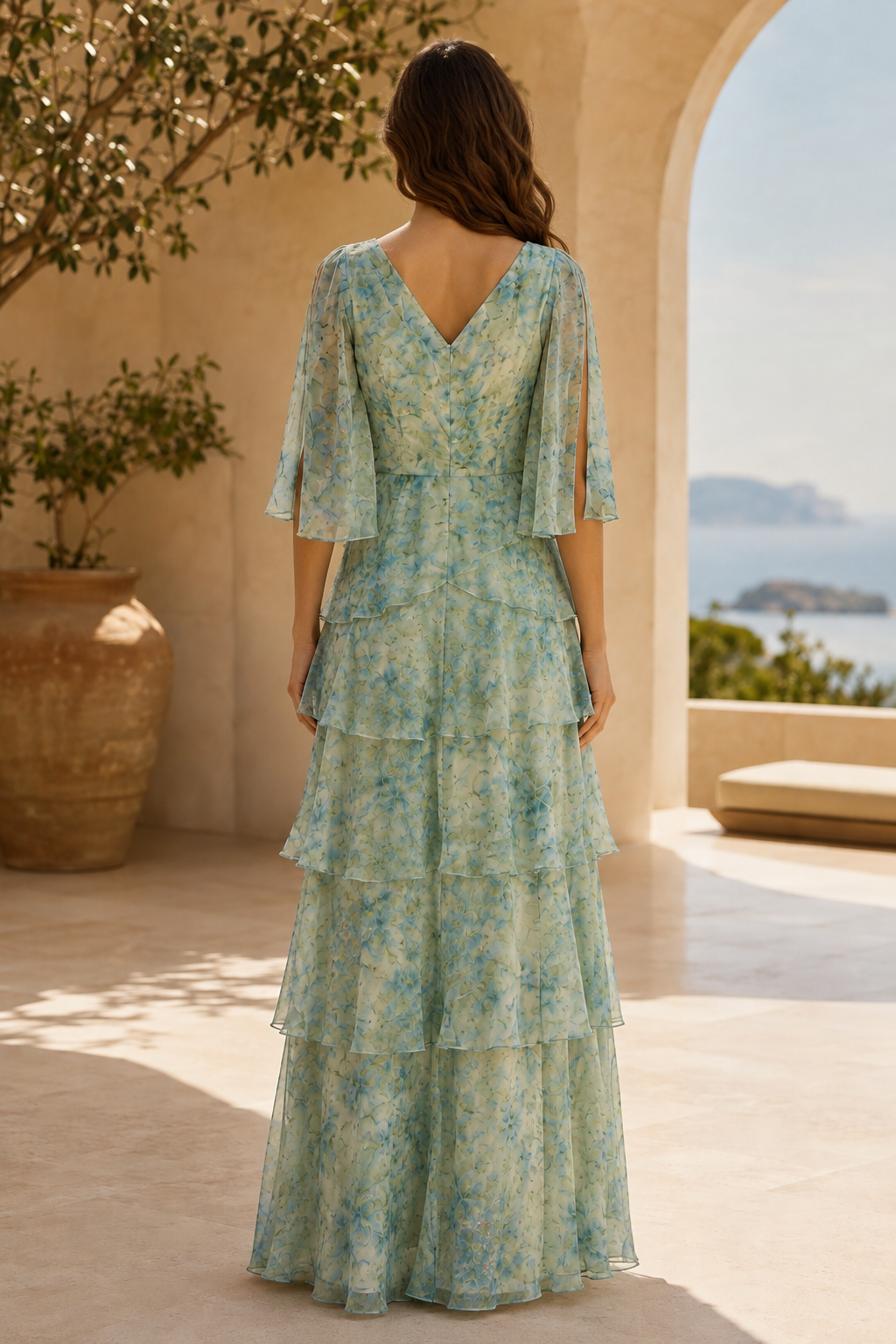 Geblümtes Maxi-Stufenkleid mit flatternden Ärmeln