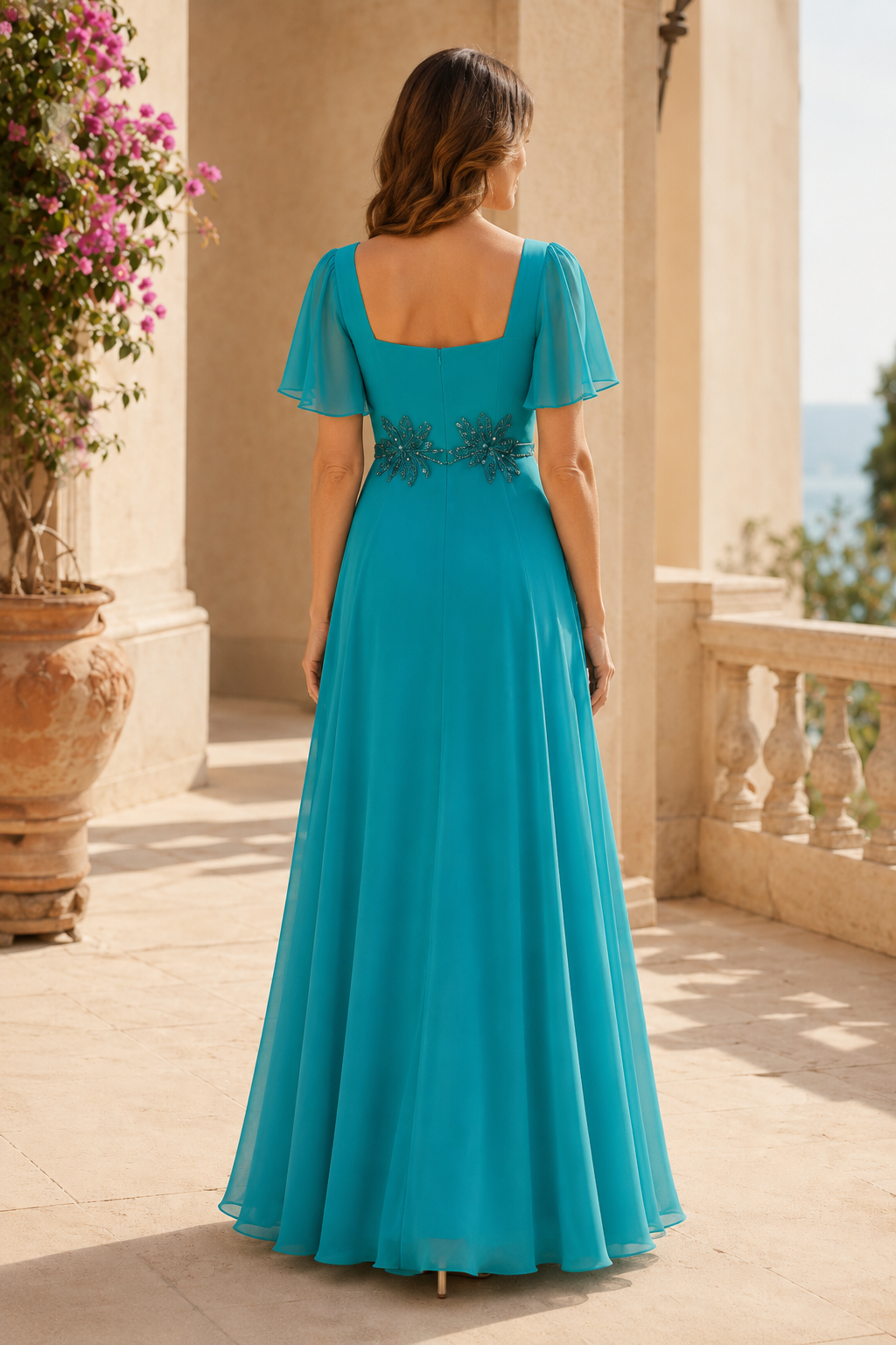 Eckiger Ausschnitt Chiffon A-Linien-Kleid mit Flatterärmeln