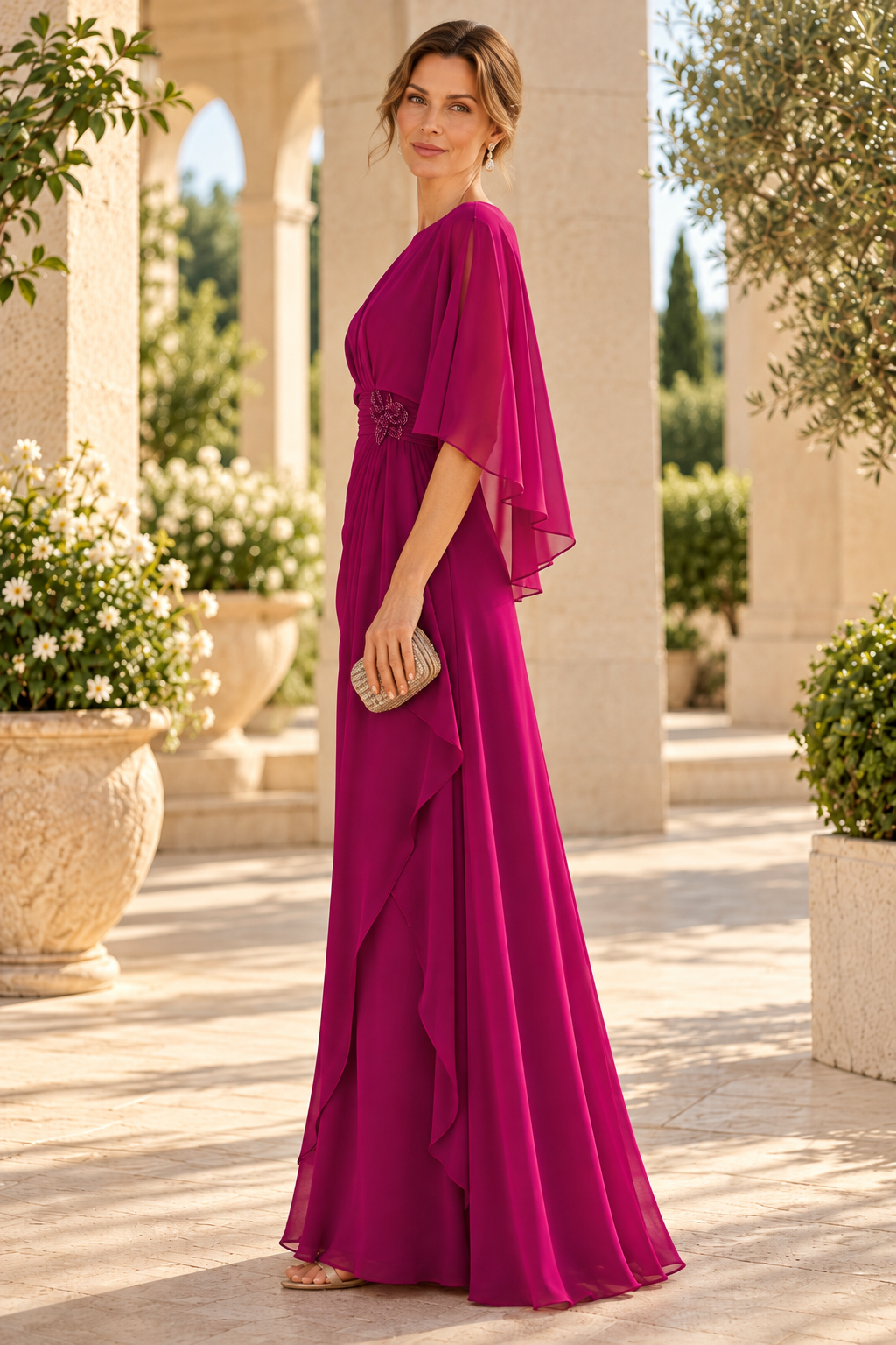 Chiffon Cape Sleeve Evening Dress with Brooch