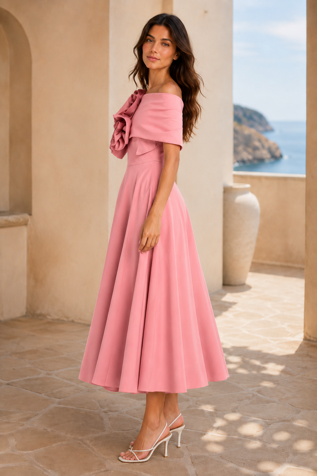 Schulterfreies A-Linien-Midikleid mit Blumenapplikation