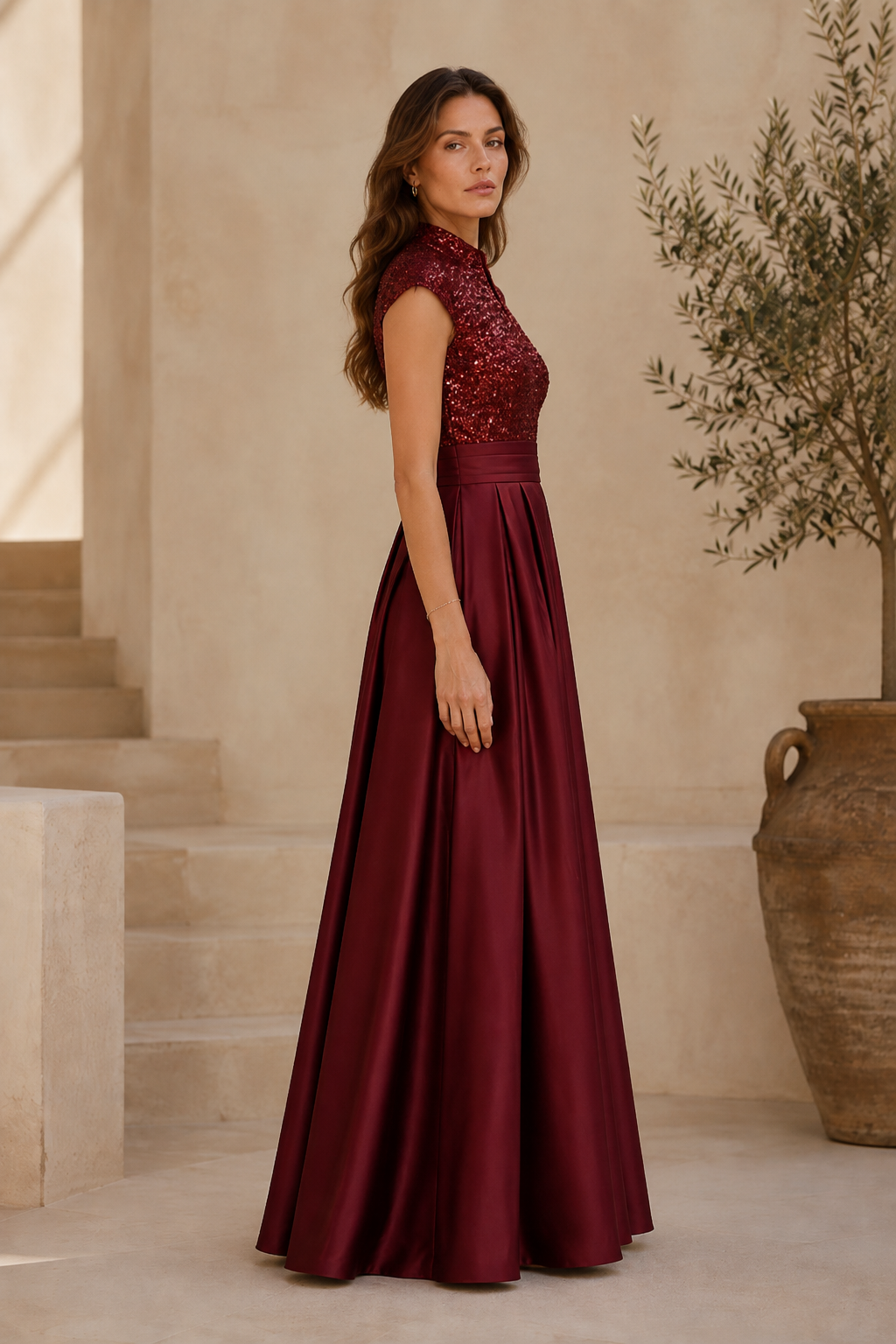 Glitzer-Oberteil, plissiertes A-Linien-Kleid aus Satin