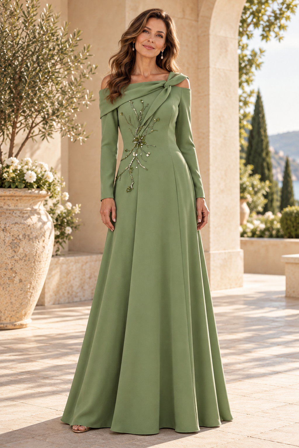 Beaded Cold-Shoulder A-Line Evening Gown