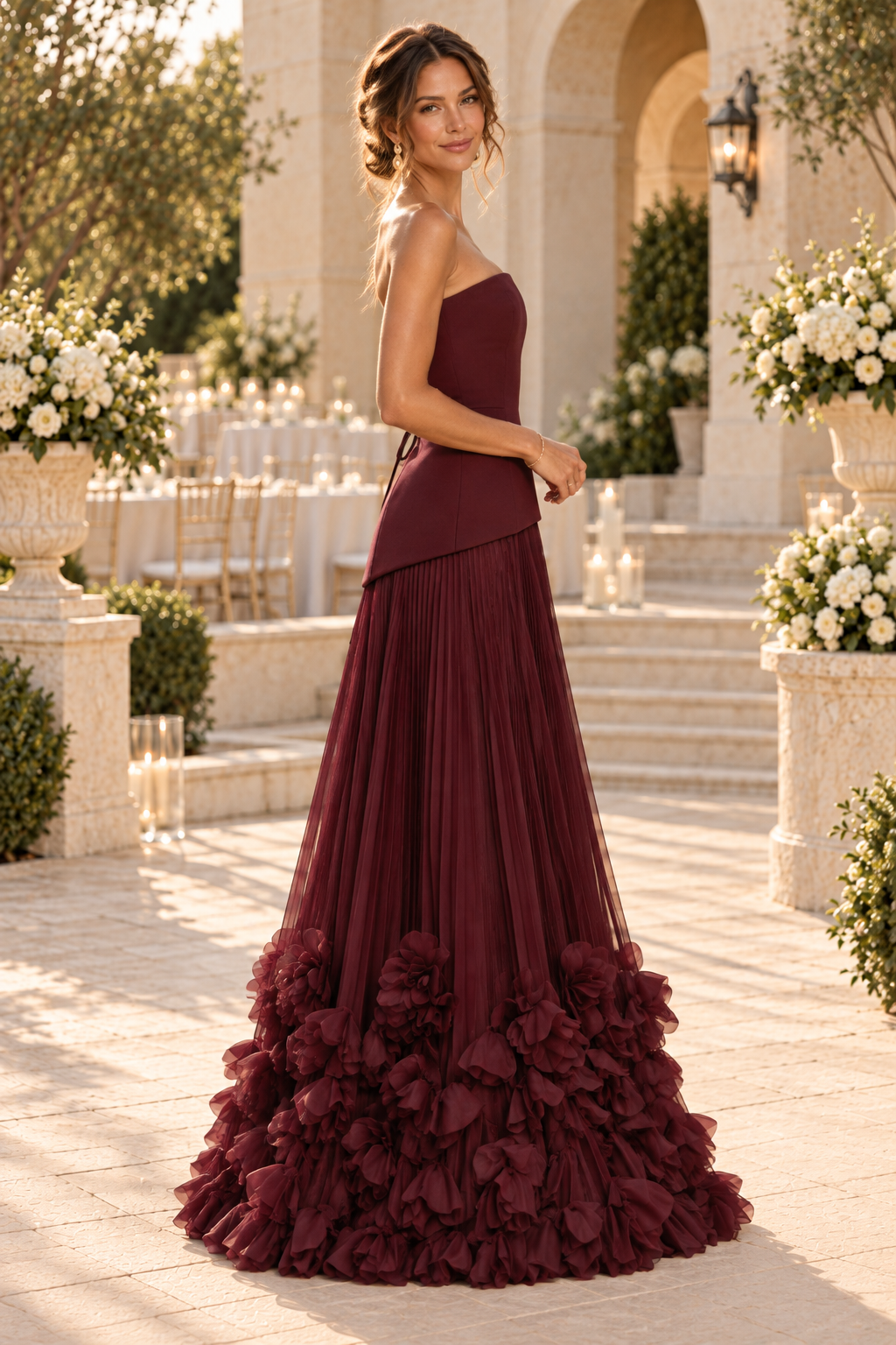 Strapless Corset Gown with Pleated Rosette Skirt