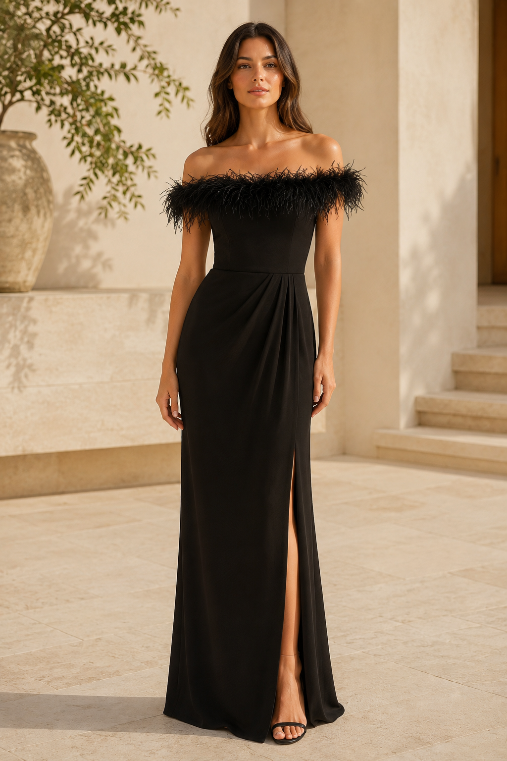 Federbesetztes, schulterfreies Abendkleid mit Schlitz